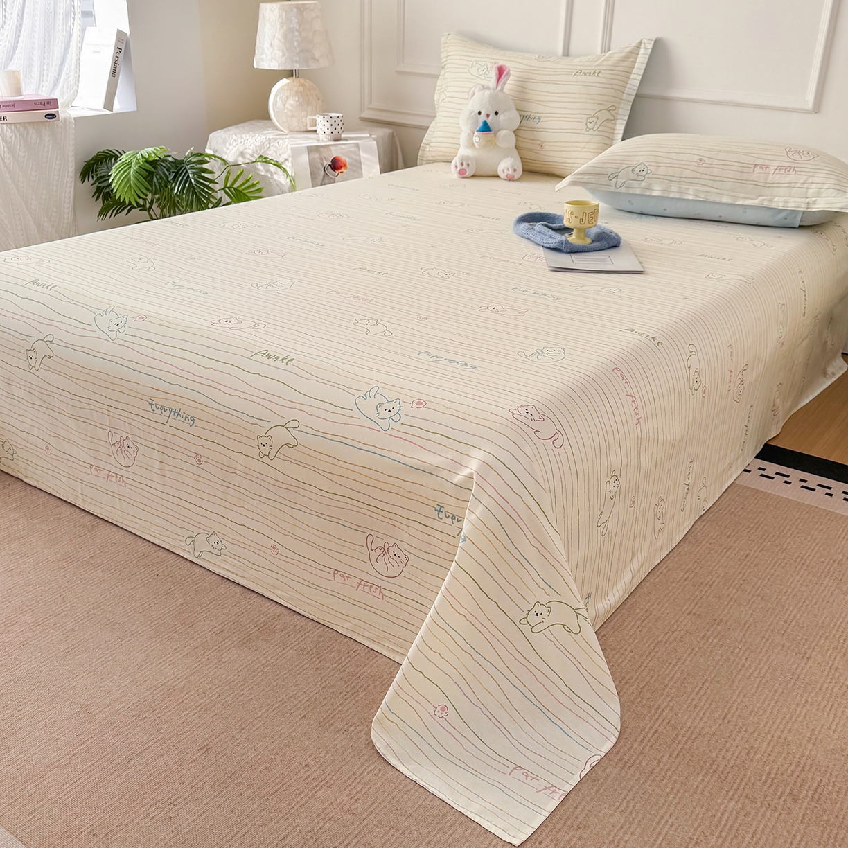 91家纺网 家纺一手货源 找家纺 壹贝家纺 2026新款全棉喷气印花床单系列 招财猫