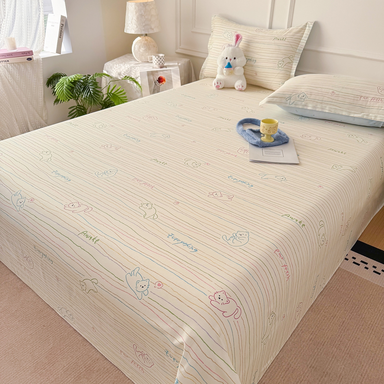 91家纺网 家纺一手货源 找家纺 壹贝家纺 2026新款全棉喷气印花床单系列 招财猫