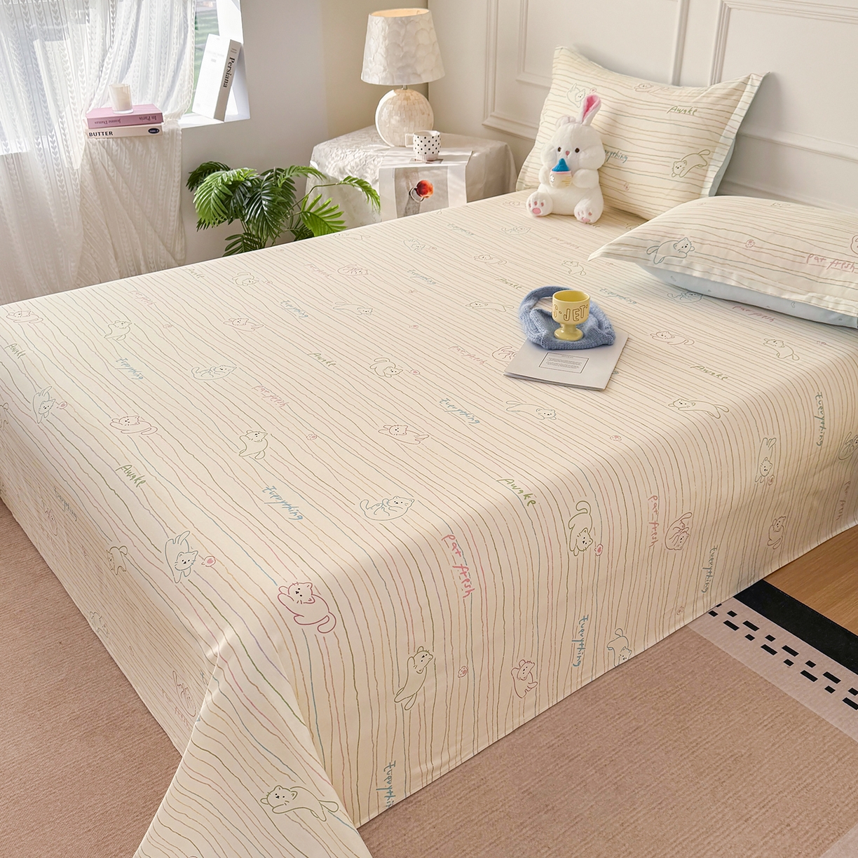 91家纺网 家纺一手货源 找家纺 壹贝家纺 2026新款全棉喷气印花床单系列 招财猫