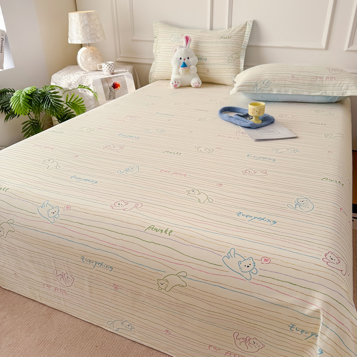 91家纺网 家纺一手货源 找家纺 壹贝家纺 2026新款全棉喷气印花床单系列 招财猫