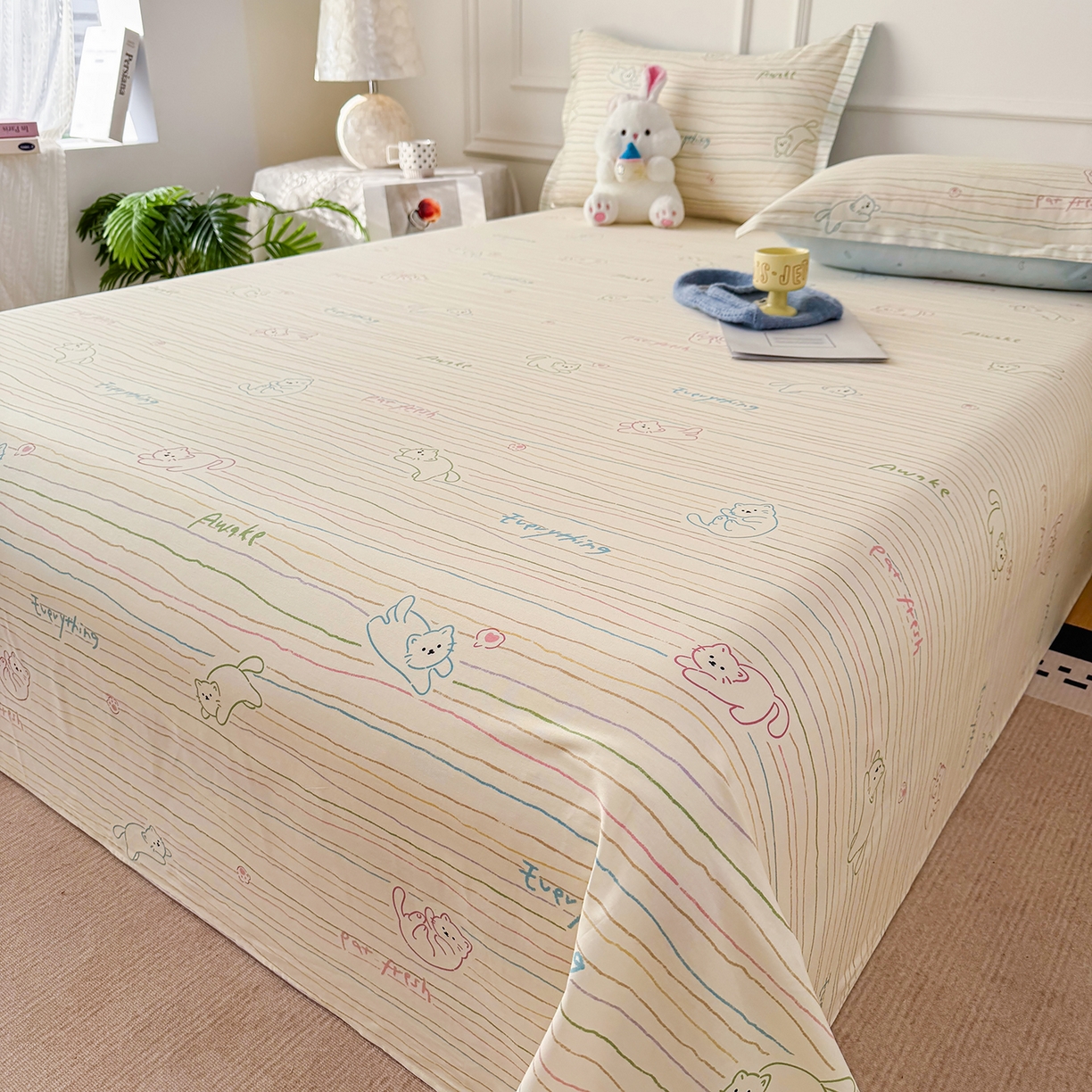 91家纺网 家纺一手货源 找家纺 壹贝家纺 2026新款全棉喷气印花床单系列 招财猫