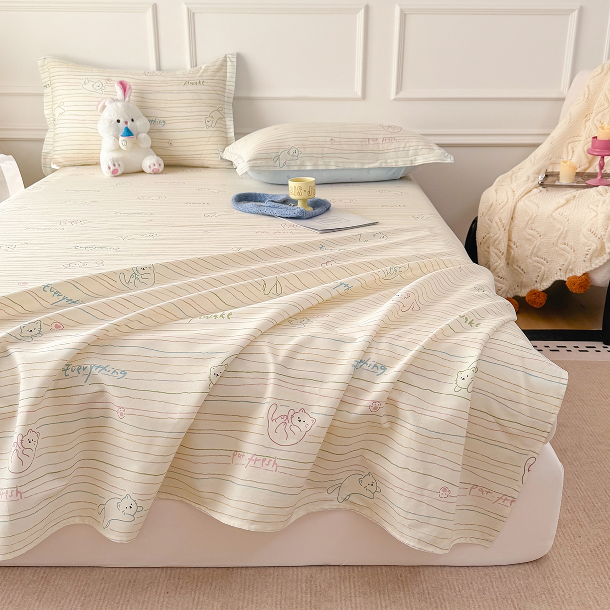 91家纺网 家纺一手货源 找家纺 壹贝家纺 2026新款全棉喷气印花床单系列 招财猫