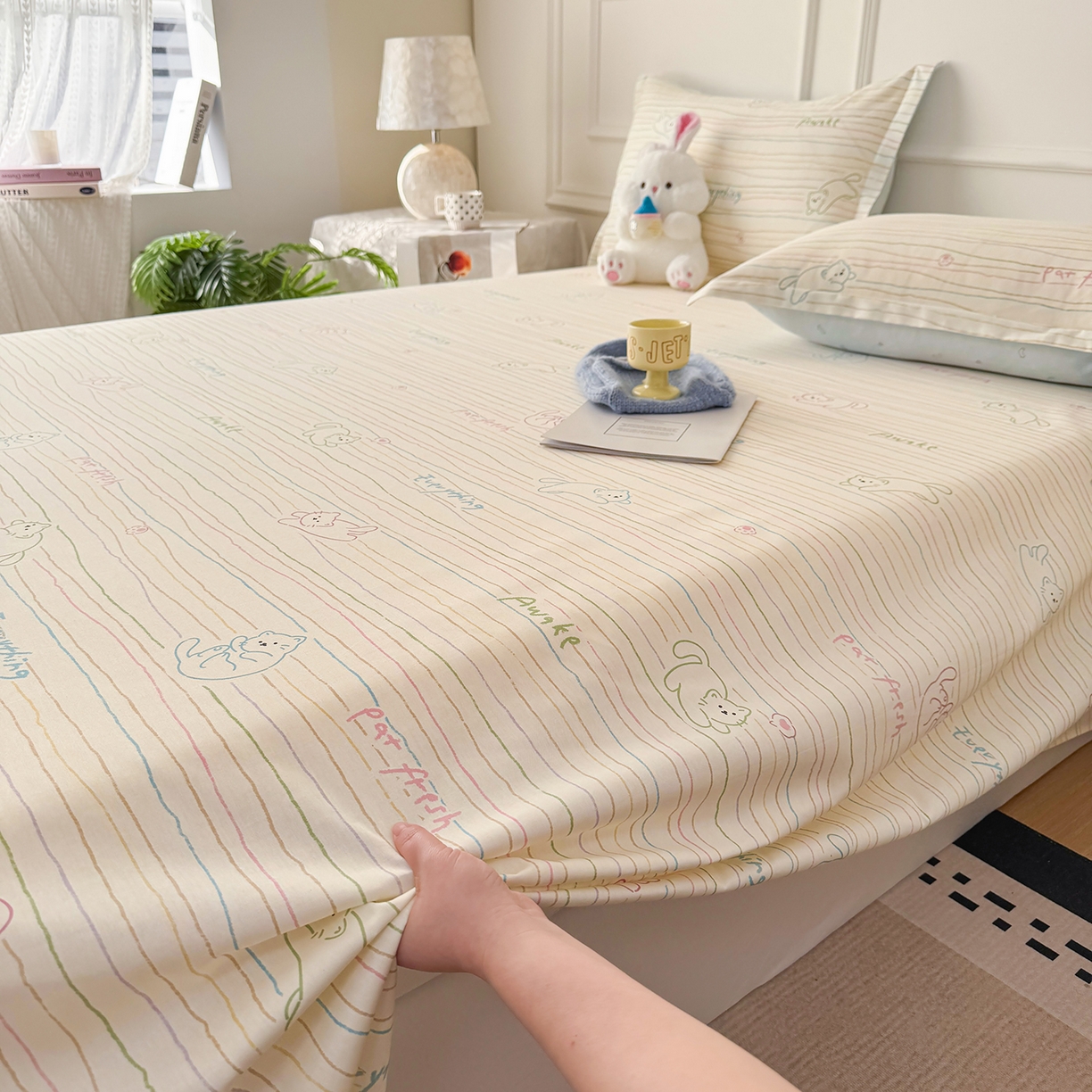 91家纺网 家纺一手货源 找家纺 壹贝家纺 2026新款全棉喷气印花床单系列 招财猫