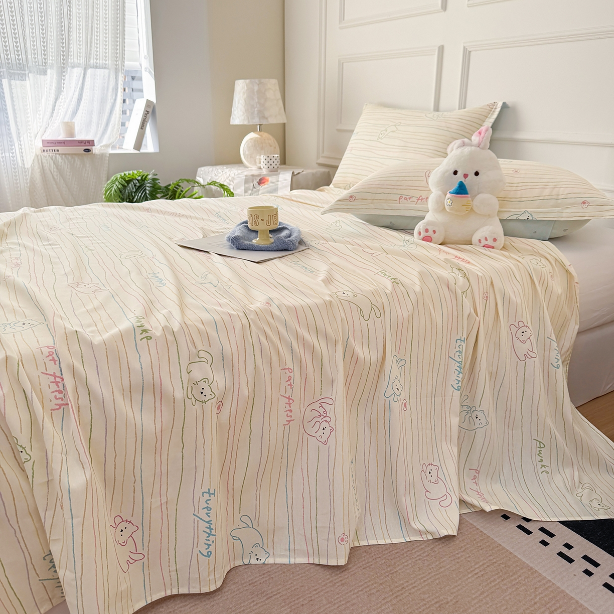 91家纺网 家纺一手货源 找家纺 壹贝家纺 2026新款全棉喷气印花床单系列 招财猫