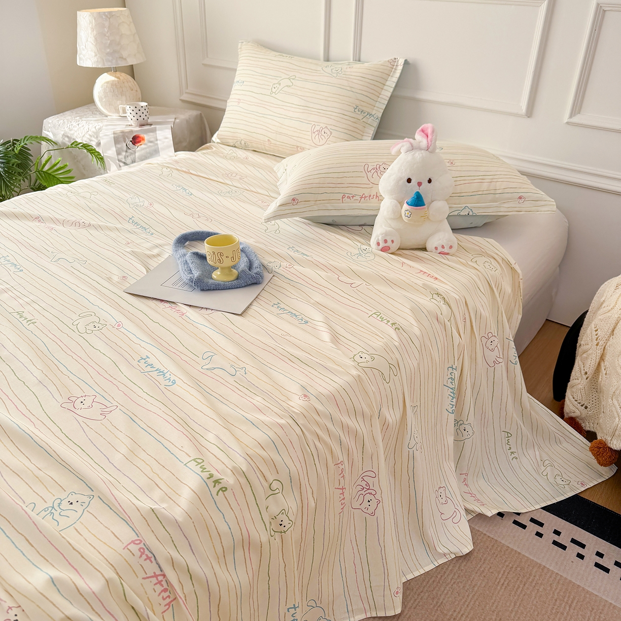 91家纺网 家纺一手货源 找家纺 壹贝家纺 2026新款全棉喷气印花床单系列 招财猫