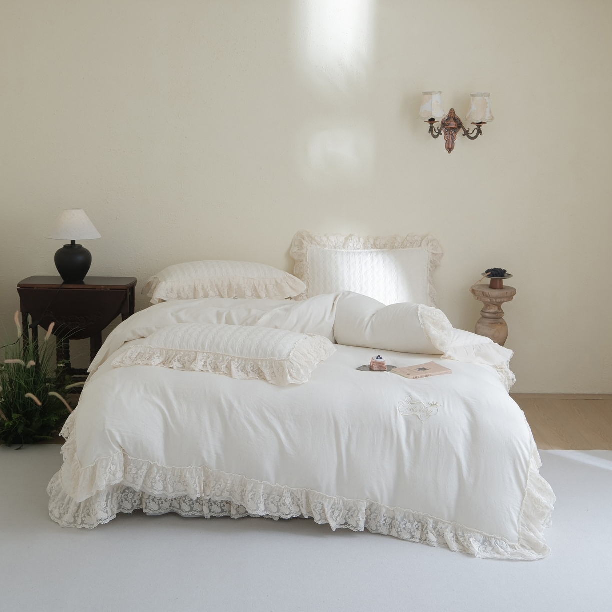 庭笙 2026新款法式双层蕾丝花边亚麻质感夹棉床盖床盖四件套-优雅情调 优雅情调-米