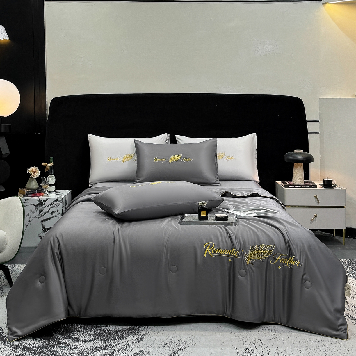 91家纺网 家纺一手货源 找家纺 欢乐季 2026新款A类水洗冰丝羽毛刺绣夏被夏凉被空调被四件套 高级灰