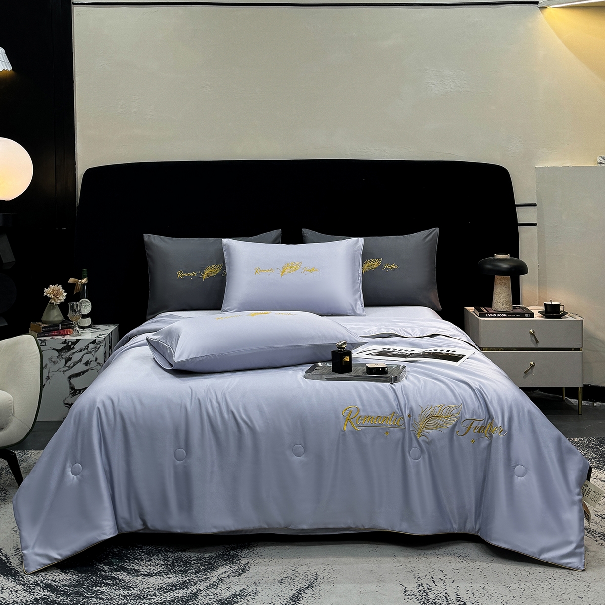 91家纺网 家纺一手货源 找家纺 欢乐季 2026新款A类水洗冰丝羽毛刺绣夏被夏凉被空调被四件套 香芋紫