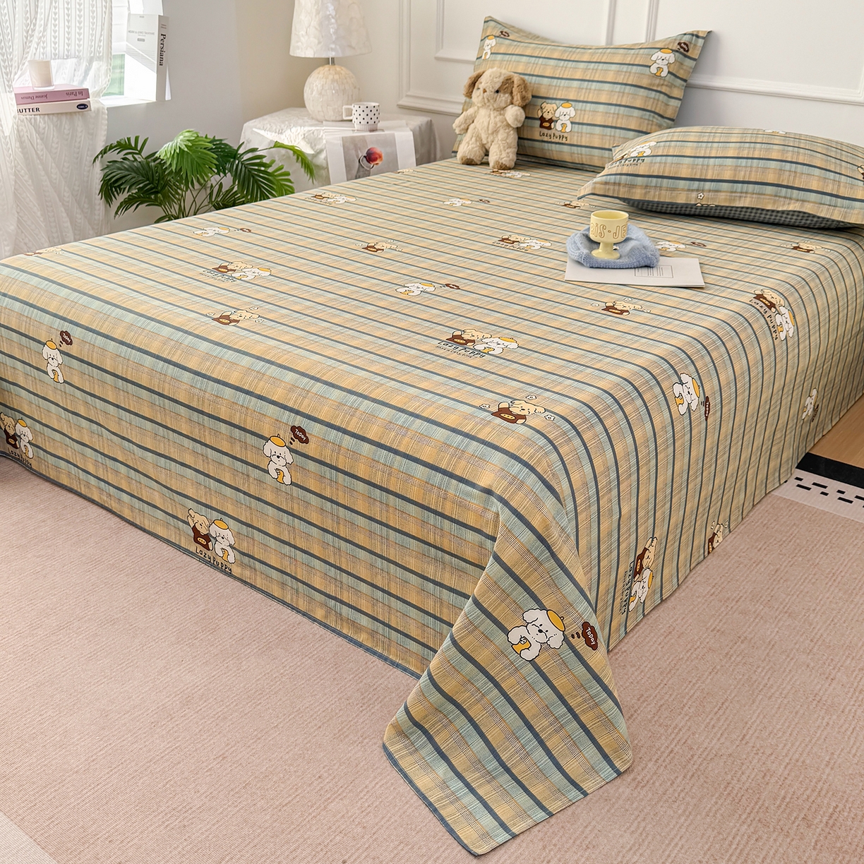 91家纺网 家纺一手货源 找家纺 壹贝家纺 2026新款全棉喷气印花床单系列 自拍小狗