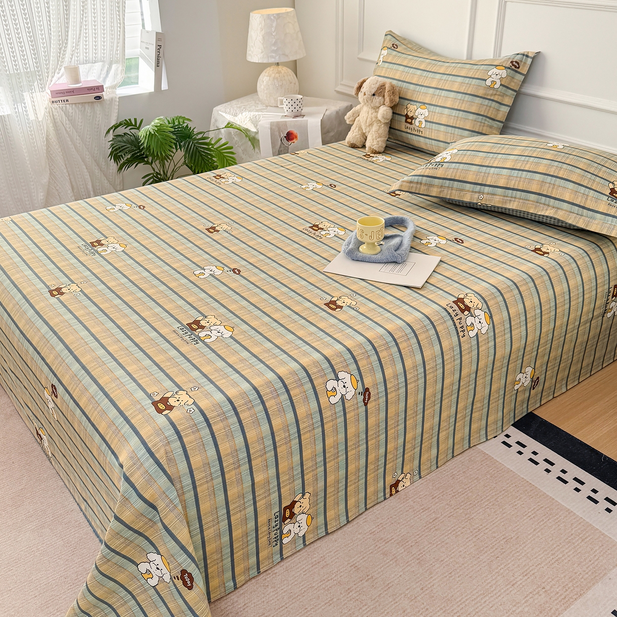 91家纺网 家纺一手货源 找家纺 壹贝家纺 2026新款全棉喷气印花床单系列 自拍小狗