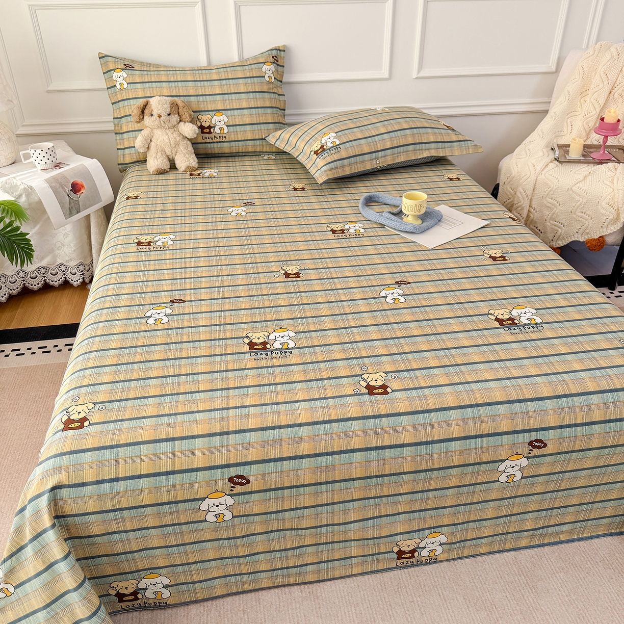 91家纺网 家纺一手货源 找家纺 壹贝家纺 2026新款全棉喷气印花床单系列 自拍小狗