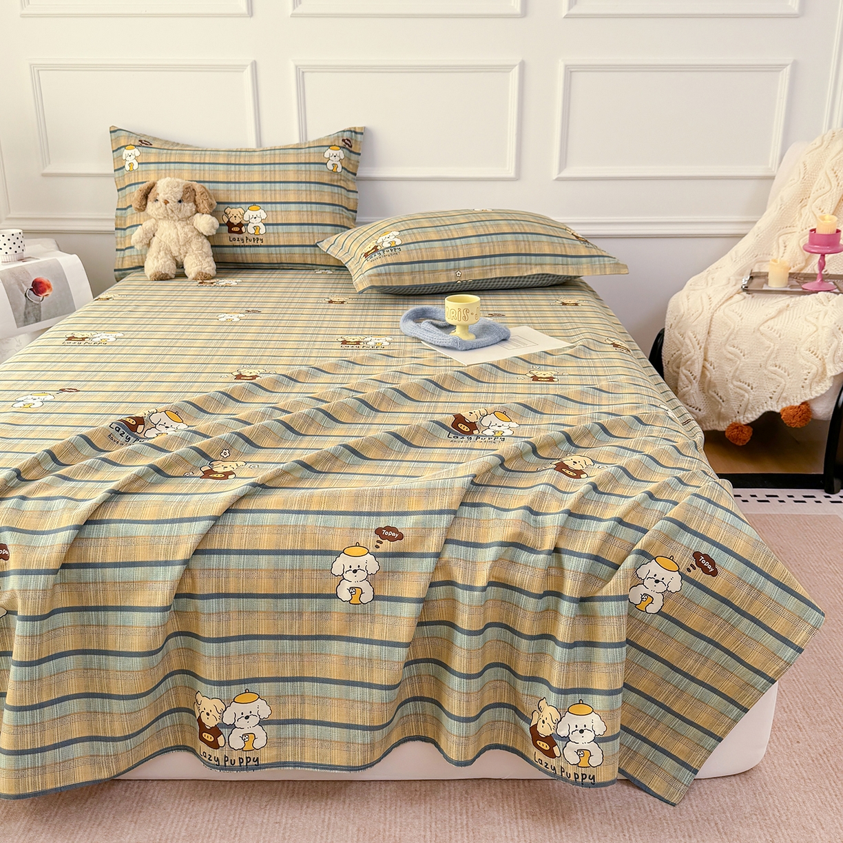 91家纺网 家纺一手货源 找家纺 壹贝家纺 2026新款全棉喷气印花床单系列 自拍小狗