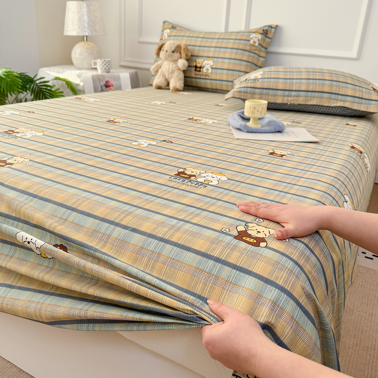 91家纺网 家纺一手货源 找家纺 壹贝家纺 2026新款全棉喷气印花床单系列 自拍小狗