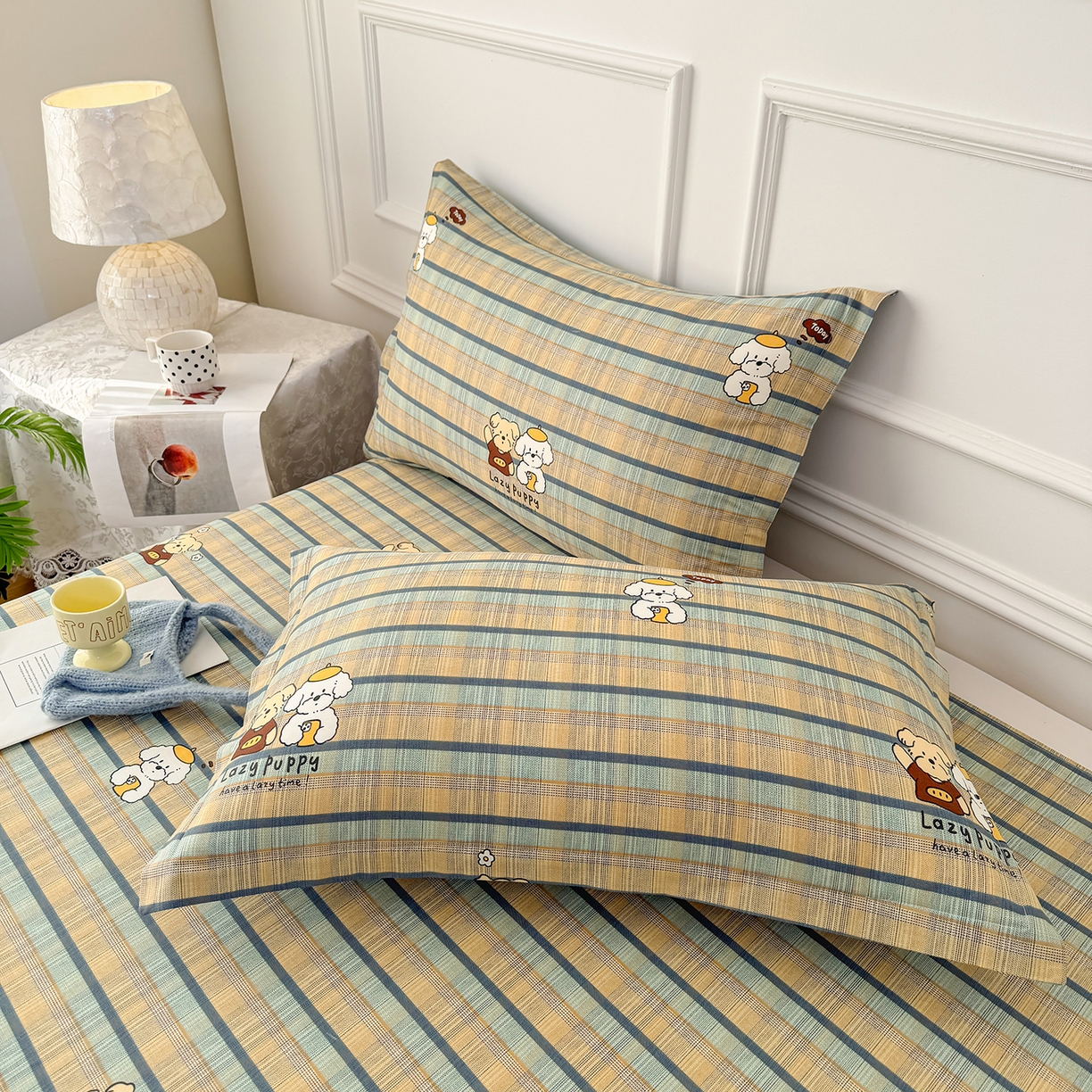 91家纺网 家纺一手货源 找家纺 壹贝家纺 2026新款全棉喷气印花床单系列 自拍小狗