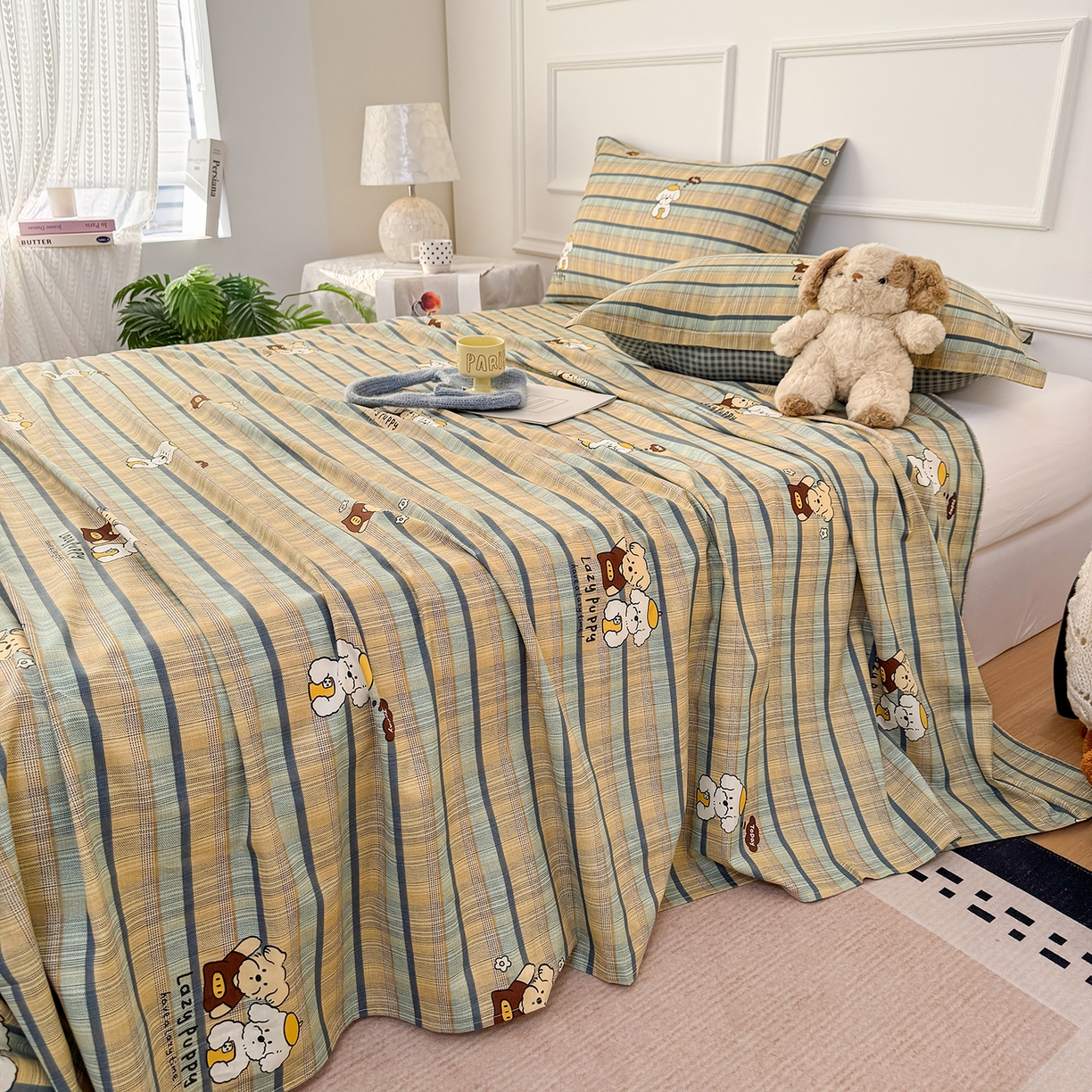 91家纺网 家纺一手货源 找家纺 壹贝家纺 2026新款全棉喷气印花床单系列 自拍小狗