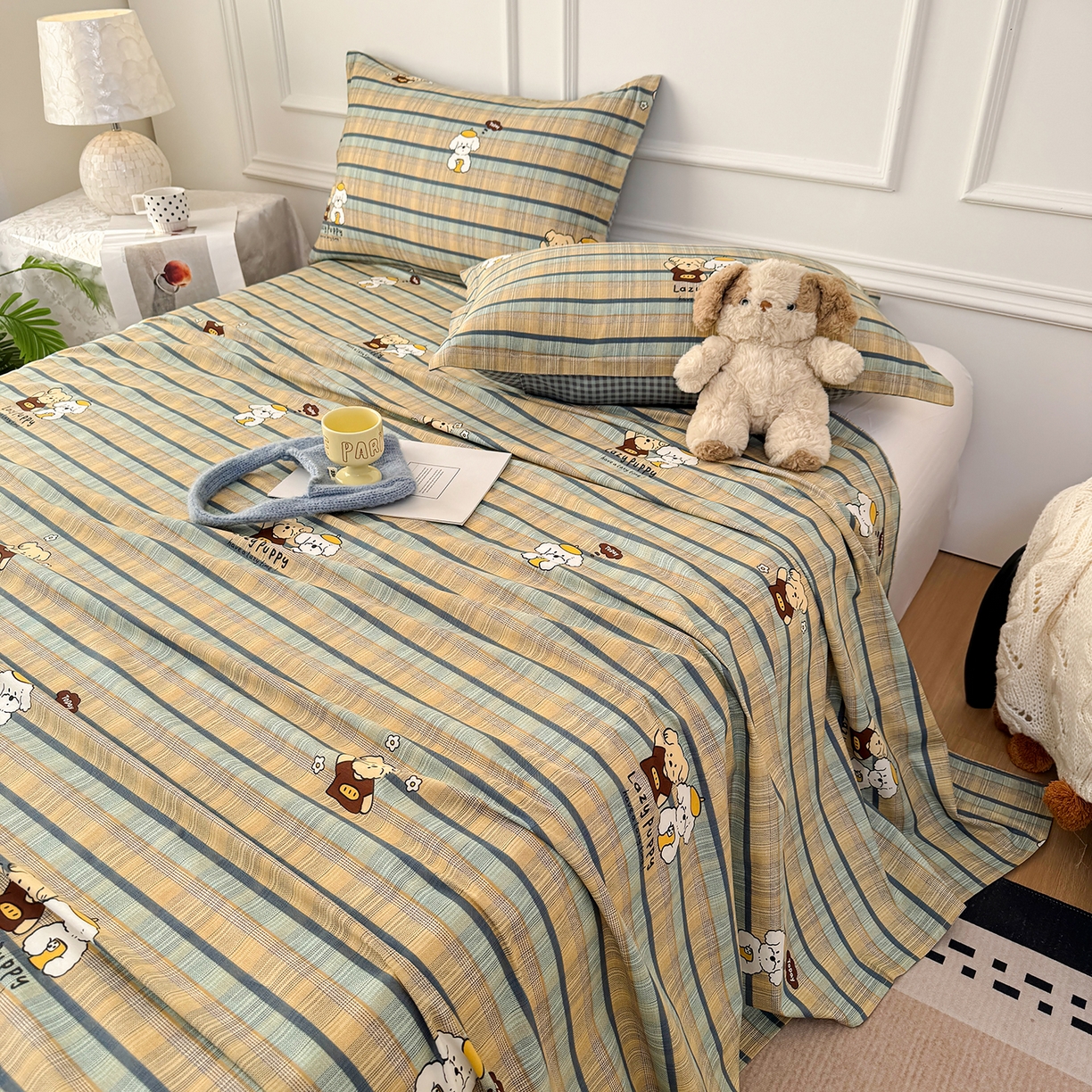 91家纺网 家纺一手货源 找家纺 壹贝家纺 2026新款全棉喷气印花床单系列 自拍小狗