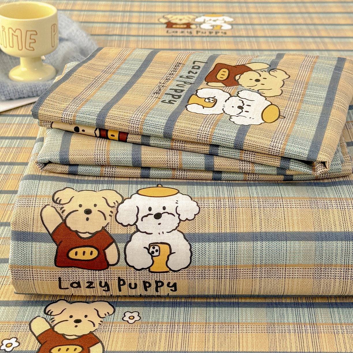 91家纺网 家纺一手货源 找家纺 壹贝家纺 2026新款全棉喷气印花床单系列 自拍小狗