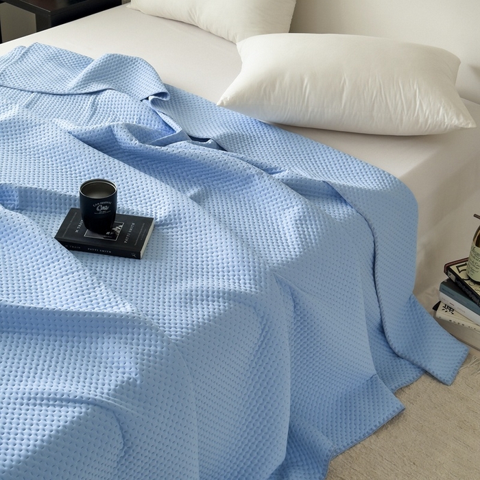 91家纺网 家纺一手货源 找家纺 法芙娜家纺 2026新款双面160克锦纶凉感小冰皮毯 浅蓝