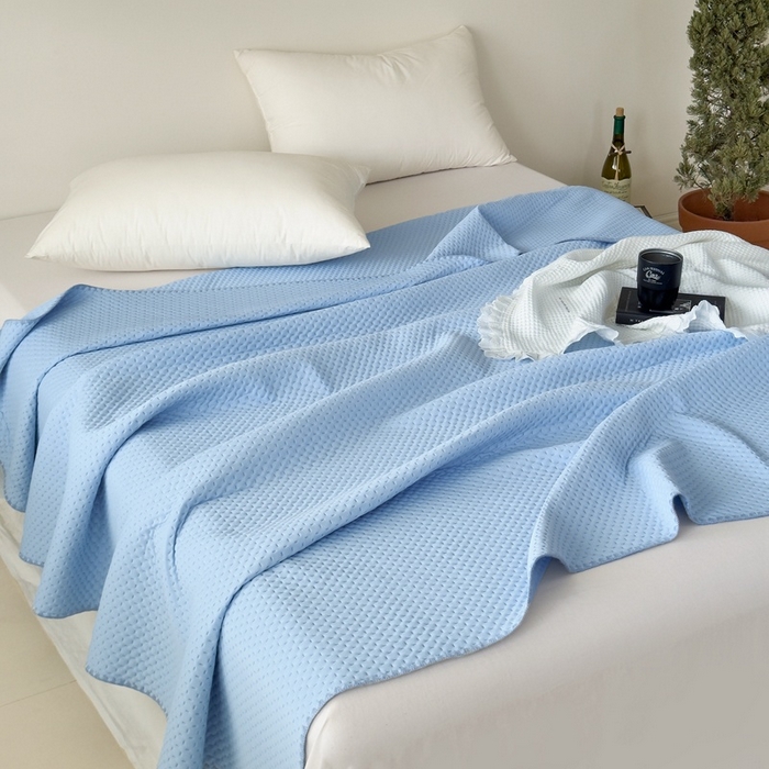 91家纺网 家纺一手货源 找家纺 法芙娜家纺 2026新款双面160克锦纶凉感小冰皮毯 浅蓝