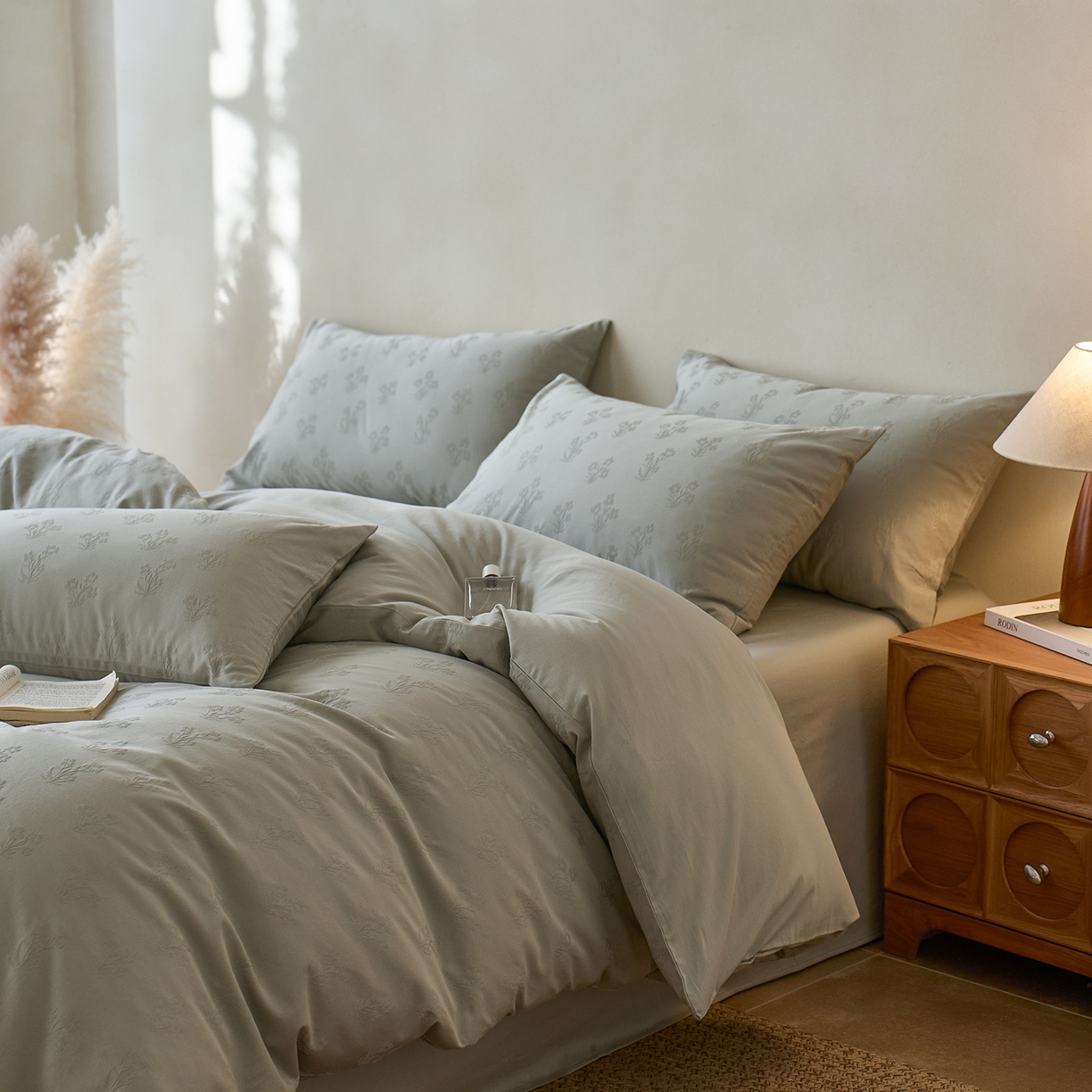 91家纺网 家纺一手货源 找家纺 初拾 2026新款60支贡缎全棉厚织提花水洗四件套“长期主义”系列（会员减10日常券后小三件不低于268元 ，标准不低于328元） 漫漫花落