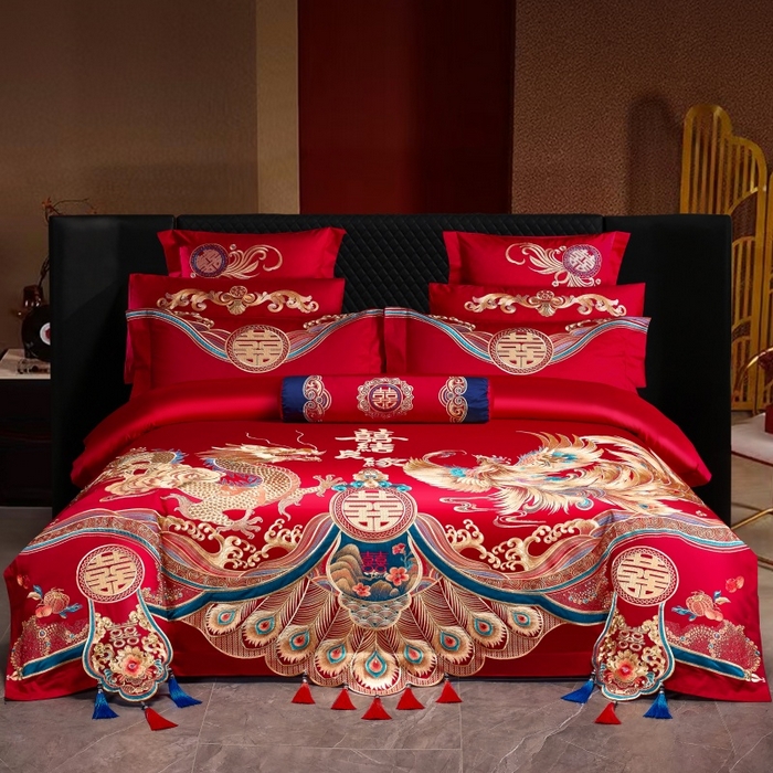 91家纺网 家纺一手货源 找家纺 （总）慕她家纺 2026年全棉纯棉婚庆四件套大红色刺绣结床上用品（床盖款加40）