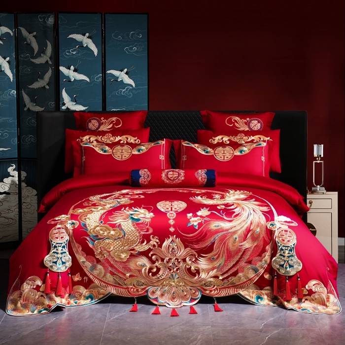 91家纺网 家纺一手货源 找家纺 慕她家纺 2026年全棉纯棉婚庆四件套大红色刺绣结床上用品（床盖款加40） 婚天喜地