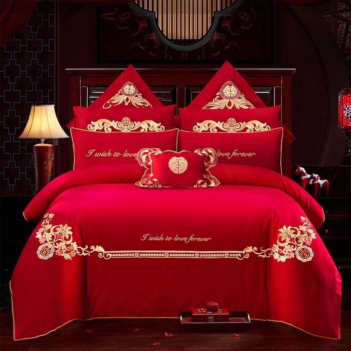 91家纺网 家纺一手货源 找家纺 慕她家纺 2026年全棉纯棉婚庆四件套大红色刺绣结床上用品（床盖款加40） 永浴爱河