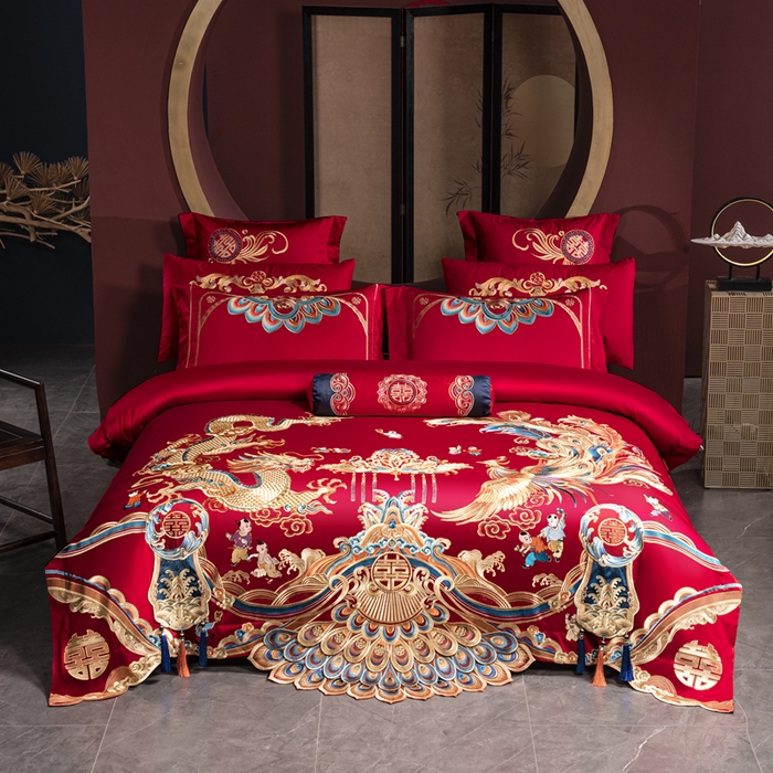 91家纺网 家纺一手货源 找家纺 慕她家纺 2026年全棉纯棉婚庆四件套大红色刺绣结床上用品（床盖款加40） 龙凤王朝