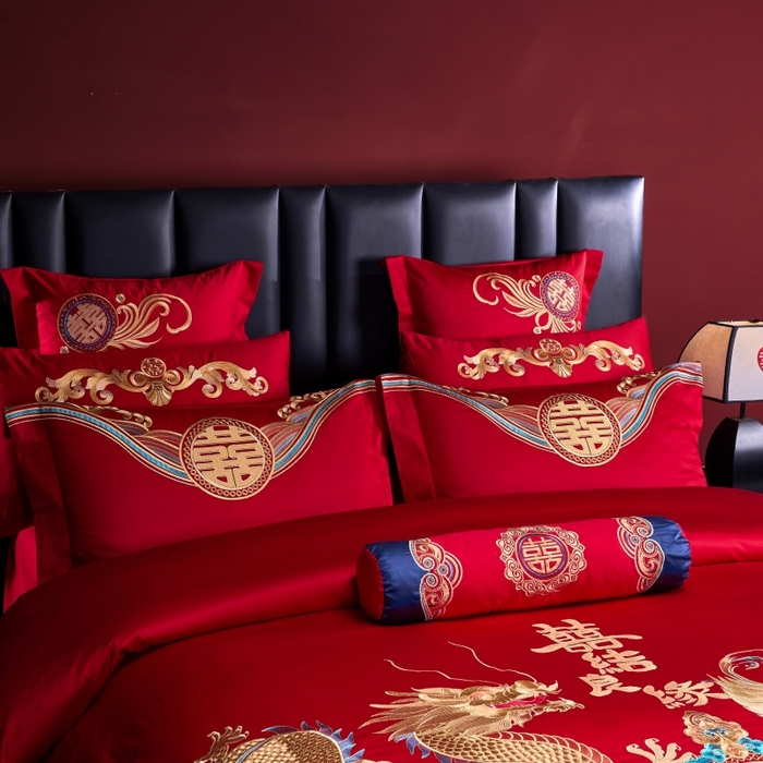 91家纺网 家纺一手货源 找家纺 慕她家纺 2026年全棉纯棉婚庆四件套大红色刺绣结床上用品（床盖款加40） 盛唐婚礼