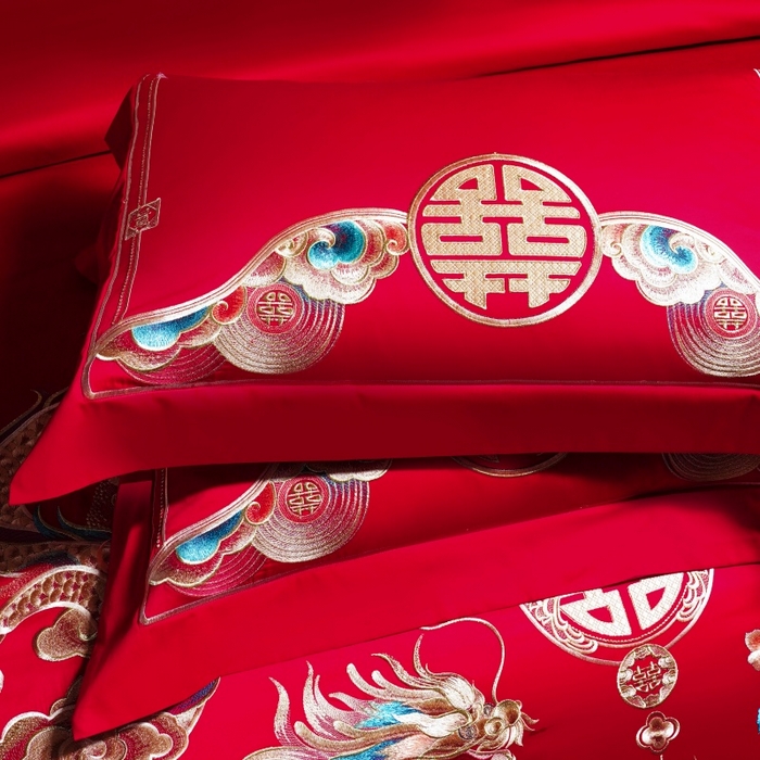 91家纺网 家纺一手货源 找家纺 慕她家纺 2026年全棉纯棉婚庆四件套大红色刺绣结床上用品（床盖款加40） 婚天喜地