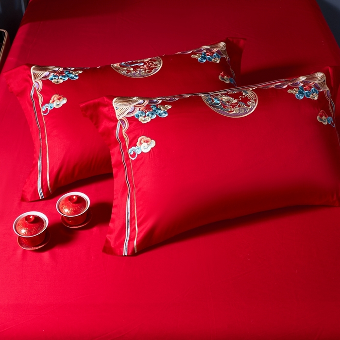 91家纺网 家纺一手货源 找家纺 慕她家纺 2026年全棉纯棉婚庆四件套大红色刺绣结床上用品（床盖款加40） 礼赞唐朝