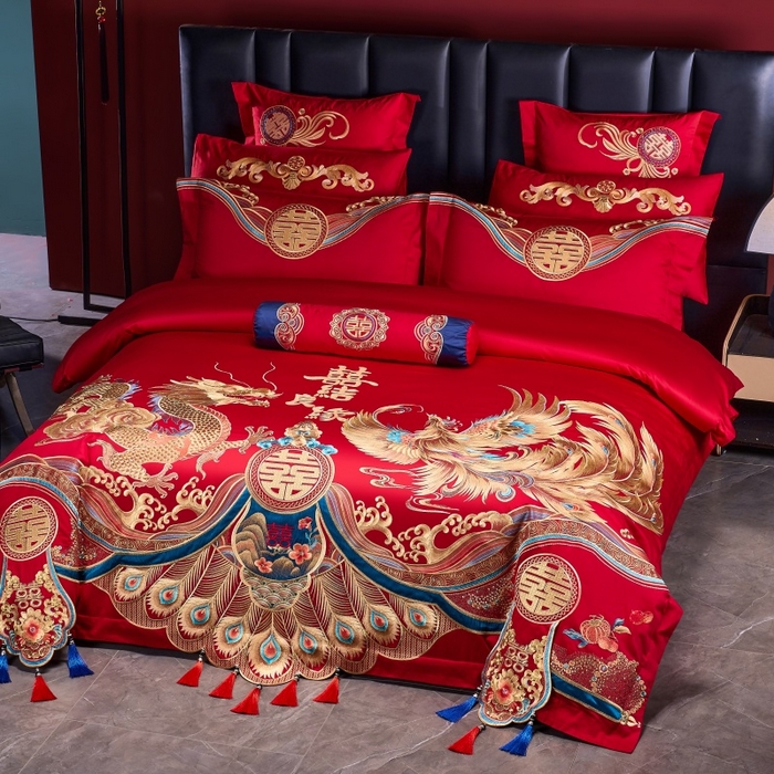 91家纺网 家纺一手货源 找家纺 慕她家纺 2026年全棉纯棉婚庆四件套大红色刺绣结床上用品（床盖款加40） 盛唐婚礼