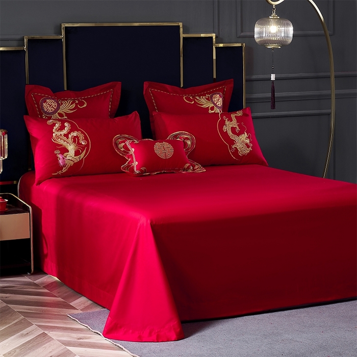 91家纺网 家纺一手货源 找家纺 慕她家纺 2026年全棉纯棉婚庆四件套大红色刺绣结床上用品（床盖款加40） 长绒棉-欢喜龙凤