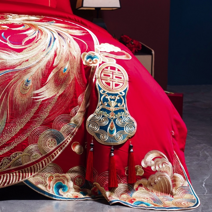 91家纺网 家纺一手货源 找家纺 慕她家纺 2026年全棉纯棉婚庆四件套大红色刺绣结床上用品（床盖款加40） 婚天喜地