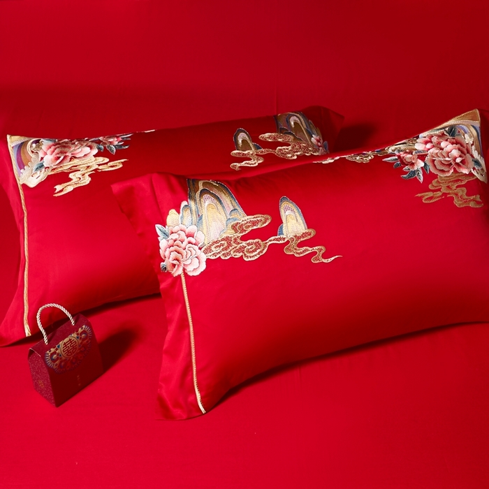 91家纺网 家纺一手货源 找家纺 慕她家纺 2026年全棉纯棉婚庆四件套大红色刺绣结床上用品（床盖款加40） 琴瑟和鸣