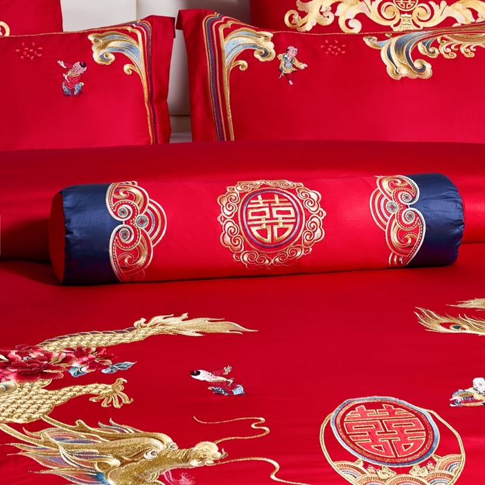 91家纺网 家纺一手货源 找家纺 慕她家纺 2026年全棉纯棉婚庆四件套大红色刺绣结床上用品（床盖款加40） 龙凤百子
