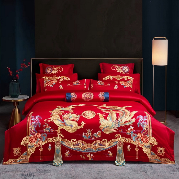 慕她家纺 2026年全棉纯棉婚庆四件套大红色刺绣结床上用品（床盖款加40） 盛世红妆