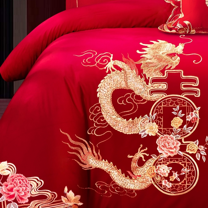 91家纺网 家纺一手货源 找家纺 慕她家纺 2026年全棉纯棉婚庆四件套大红色刺绣结床上用品（床盖款加40） 龙凤报喜