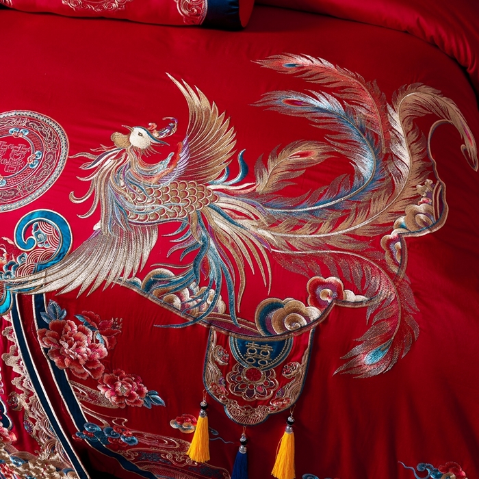 91家纺网 家纺一手货源 找家纺 慕她家纺 2026年全棉纯棉婚庆四件套大红色刺绣结床上用品（床盖款加40） 礼赞唐朝