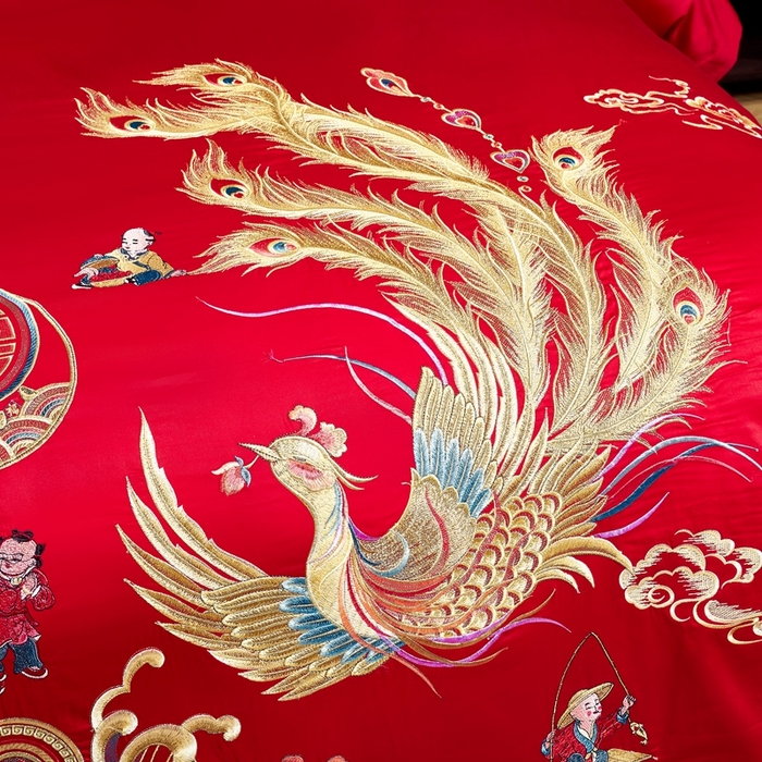 91家纺网 家纺一手货源 找家纺 慕她家纺 2026年全棉纯棉婚庆四件套大红色刺绣结床上用品（床盖款加40） 龙凤百子