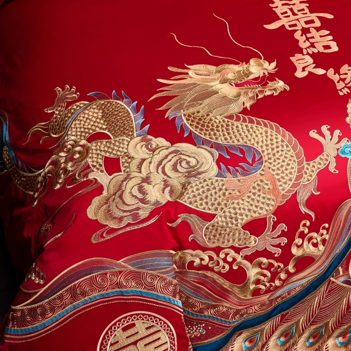 91家纺网 家纺一手货源 找家纺 慕她家纺 2026年全棉纯棉婚庆四件套大红色刺绣结床上用品（床盖款加40） 盛唐婚礼