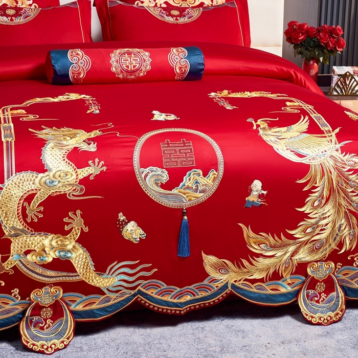 91家纺网 家纺一手货源 找家纺 慕她家纺 2026年全棉纯棉婚庆四件套大红色刺绣结床上用品（床盖款加40） 龙凤瑞彩