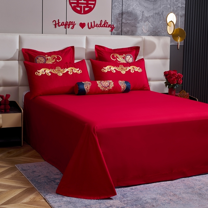 91家纺网 家纺一手货源 找家纺 慕她家纺 2026年全棉纯棉婚庆四件套大红色刺绣结床上用品（床盖款加40） 长绒棉-早生贵子