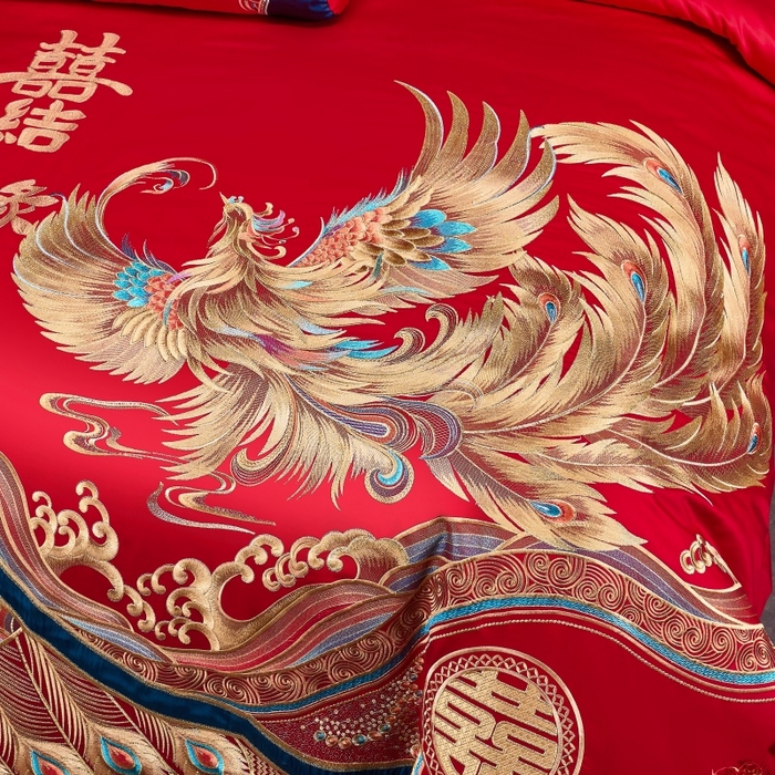 91家纺网 家纺一手货源 找家纺 慕她家纺 2026年全棉纯棉婚庆四件套大红色刺绣结床上用品（床盖款加40） 盛唐婚礼