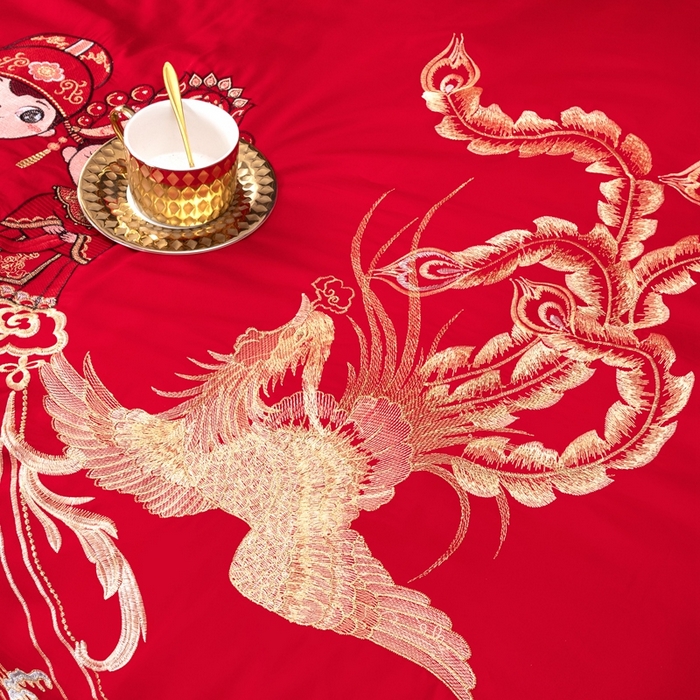 91家纺网 家纺一手货源 找家纺 慕她家纺 2026年全棉纯棉婚庆四件套大红色刺绣结床上用品（床盖款加40） 龙凤迎亲