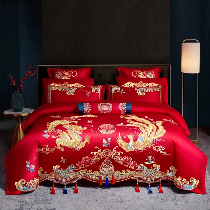 慕她家纺 2026年全棉纯棉婚庆四件套大红色刺绣结床上用品（床盖款加40） 龙凤百子