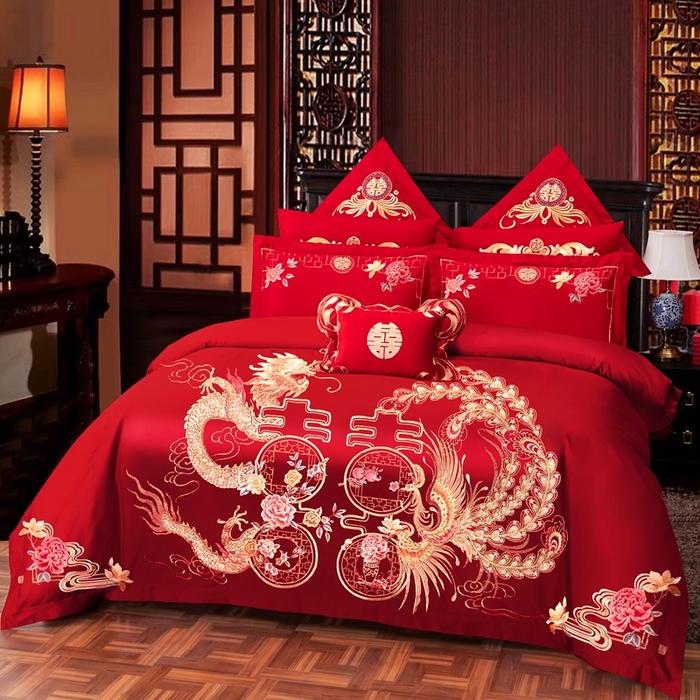 91家纺网 家纺一手货源 找家纺 慕她家纺 2026年全棉纯棉婚庆四件套大红色刺绣结床上用品（床盖款加40） 龙凤报喜