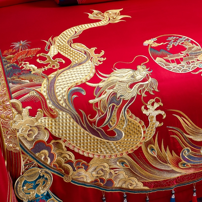 91家纺网 家纺一手货源 找家纺 慕她家纺 2026年全棉纯棉婚庆四件套大红色刺绣结床上用品（床盖款加40） 华贵龙凤