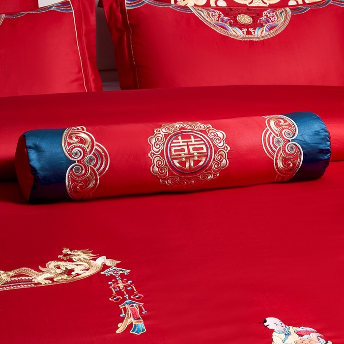 91家纺网 家纺一手货源 找家纺 慕她家纺 2026年全棉纯棉婚庆四件套大红色刺绣结床上用品（床盖款加40） 龙凤瑞彩