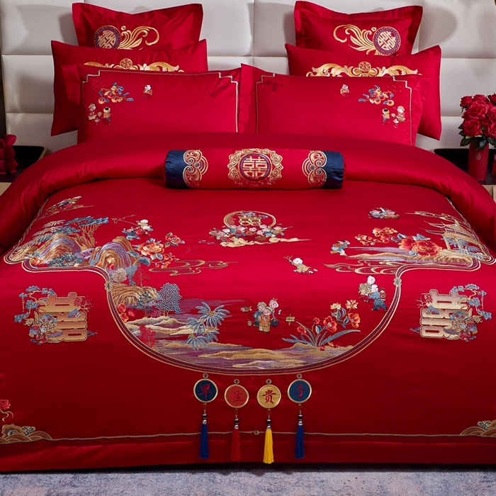 91家纺网 家纺一手货源 找家纺 慕她家纺 2026年全棉纯棉婚庆四件套大红色刺绣结床上用品（床盖款加40） 长绒棉-早生贵子
